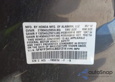 2012 Honda Pilot Ex-L from USA, damaged, VIN 5FNYF3H5XCB031314